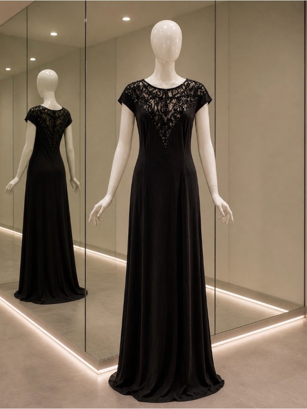 ADRIANNA PAPELL Black Gown with Lace Yoke Sequins